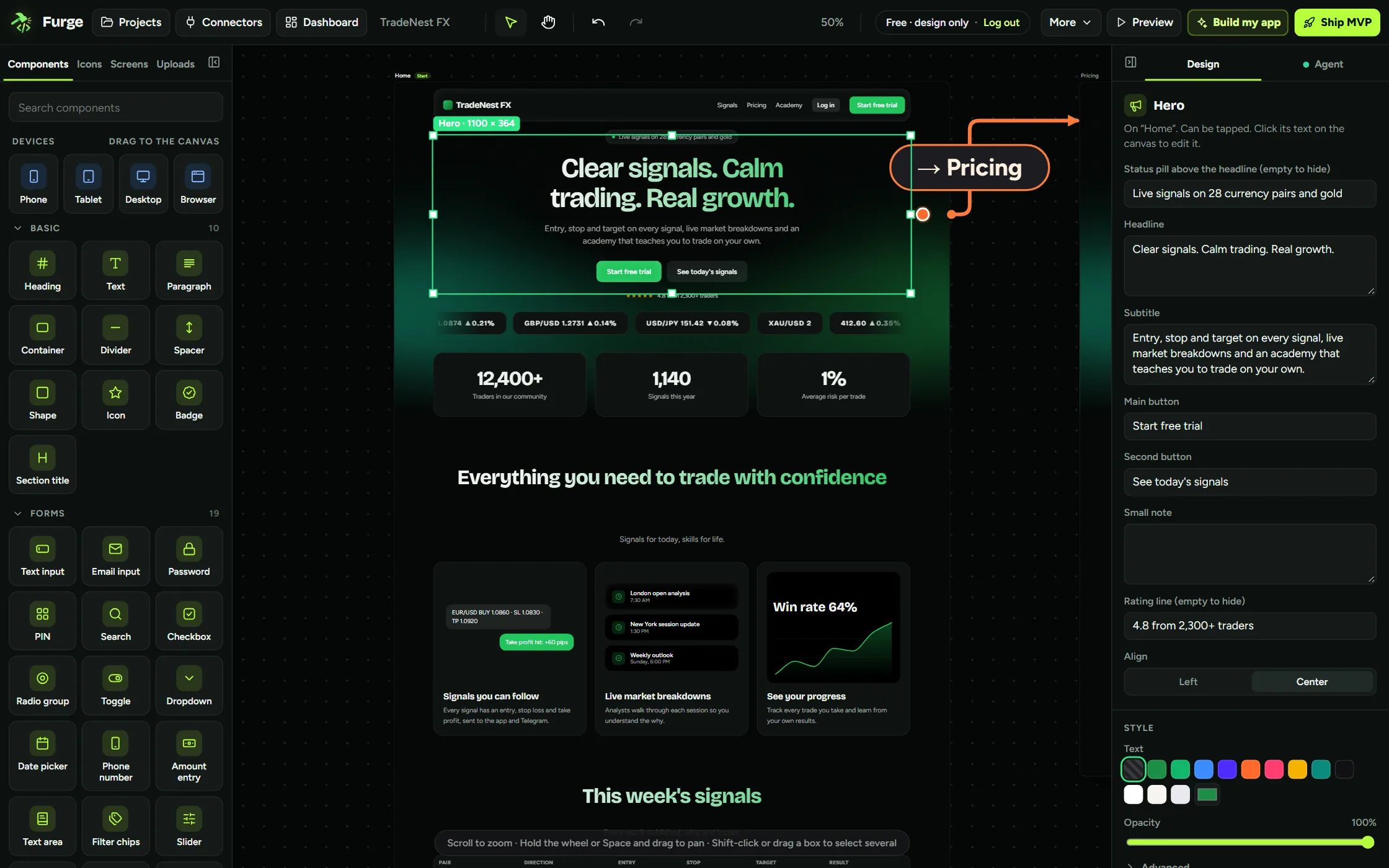 The Furge studio: a forex trading website on the canvas with its hero selected, the components panel on the left and the design panel on the right